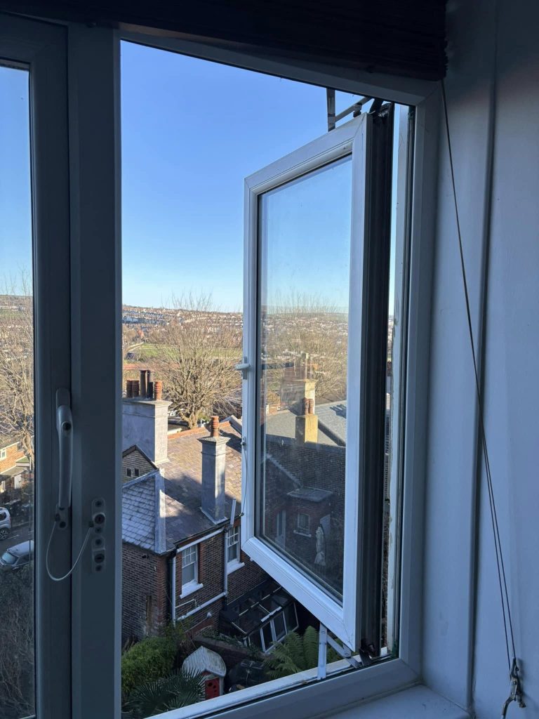 A picture of the UPVC window overlooking the skyline and neighbourhood